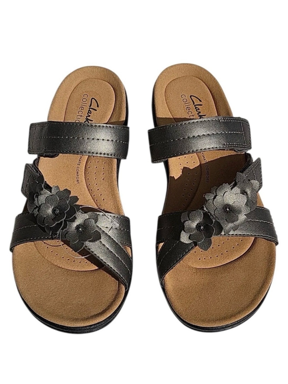 Clarks Black Floral Leather Slide Sandals for Women